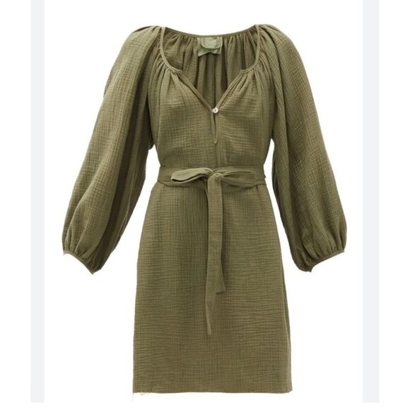 Loup Charmant Green Cotton Gauze Shift Dress Belt Distressed Hem Sz M Pockets - Picture 1 of 8